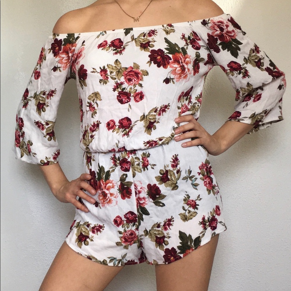 white strapless floral romper